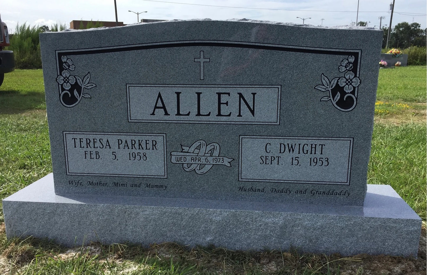 Companion Upright Headstone w/ Dogwood, Cross, Wedding Band Carving