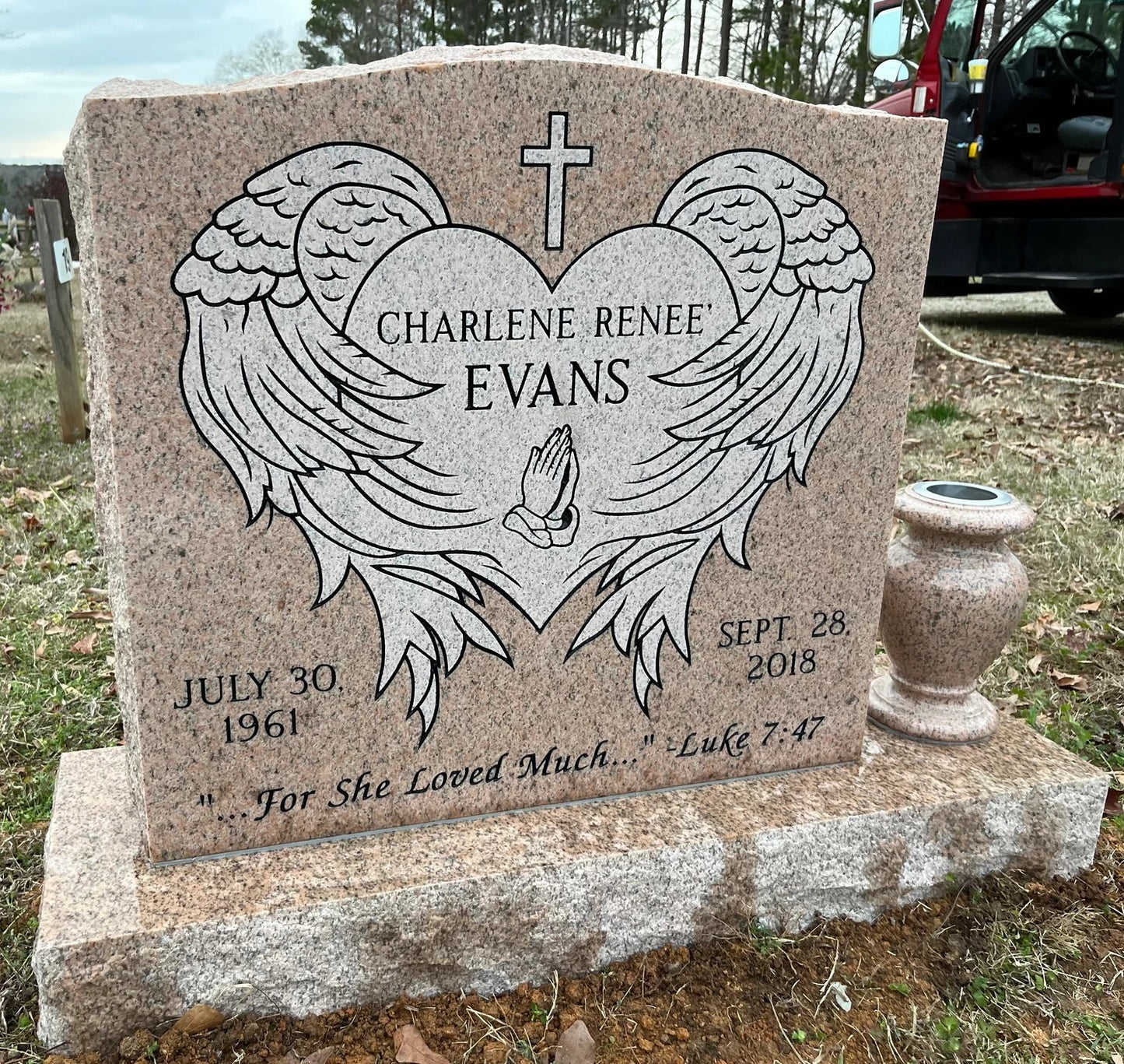 Salisbury Pink Granite Upright Single Headstone - Heart w/ Angel Wings