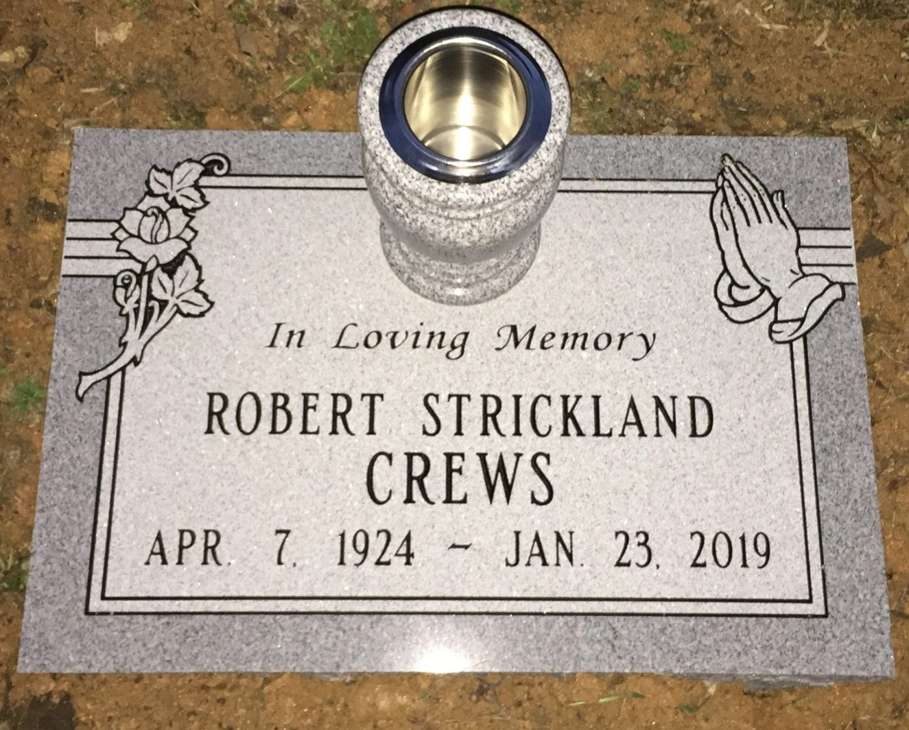 Gray Granite Flat Marker w/ Polished Granite Vase - Rose & Praying Hands Carving