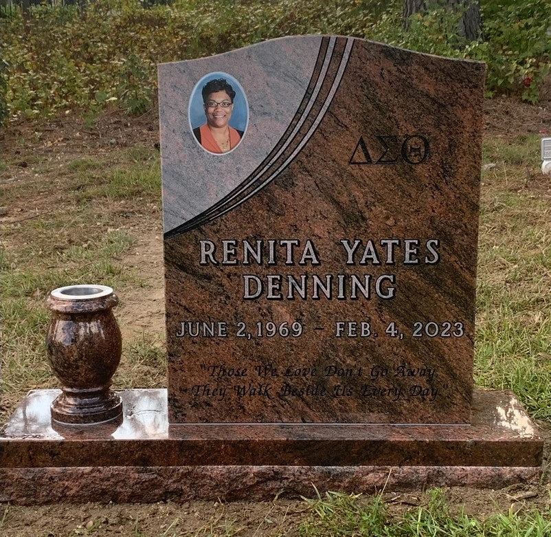 Individual Upright Multi-Red Headstone w/ Carving, Vase, & Porcelain Photo