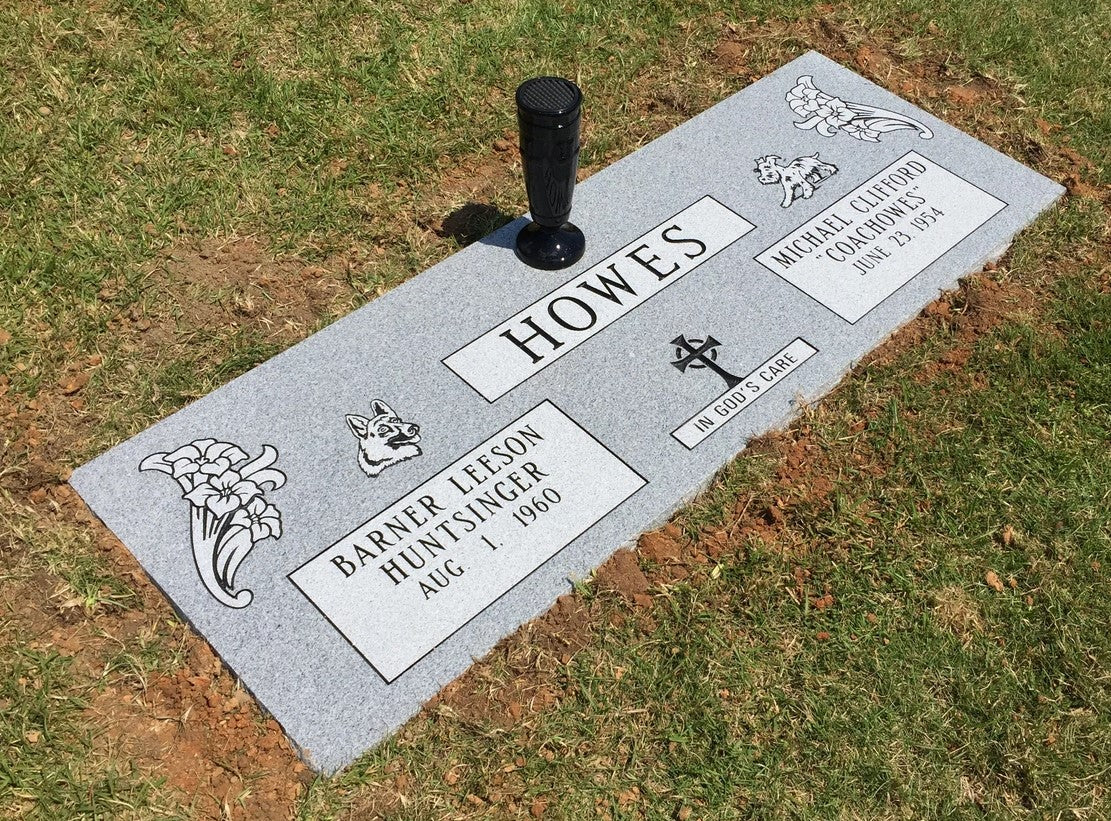 Companion Gray Granite Marker w/ Vase & Lilies, Dogs, Cross Carving