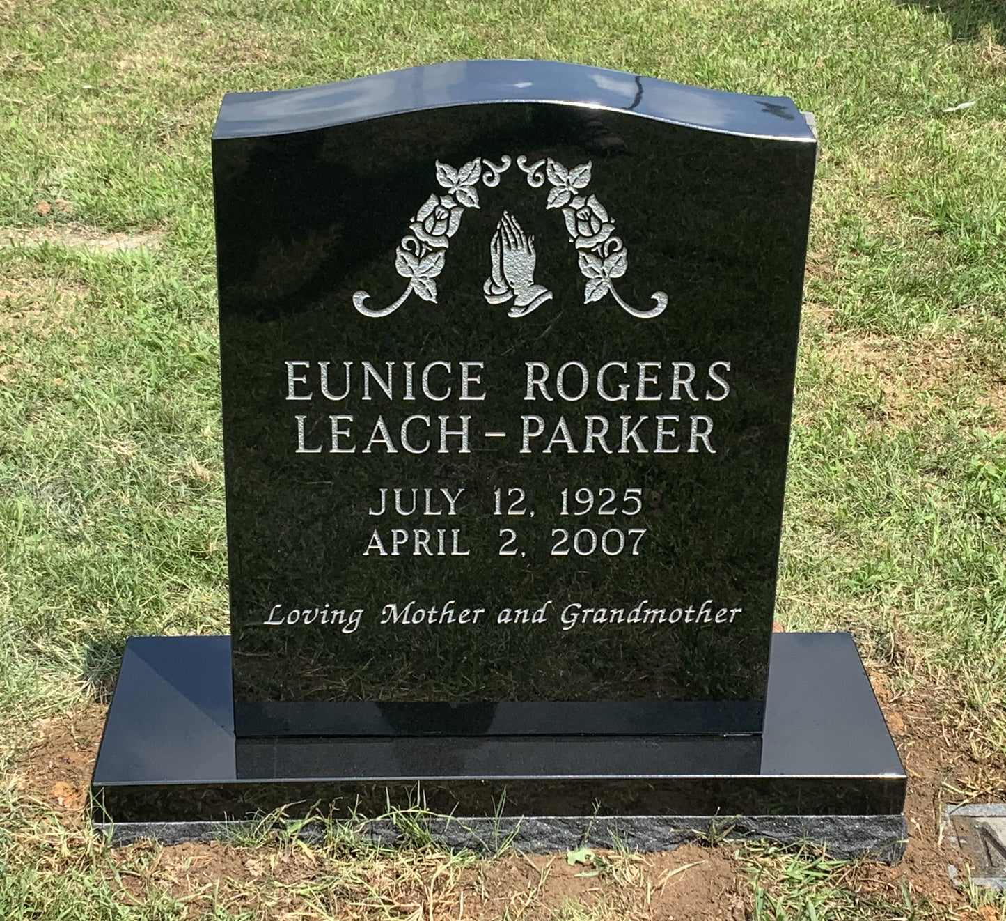 Black Granite Individual Headstone w/ Praying Hands Rose Carving