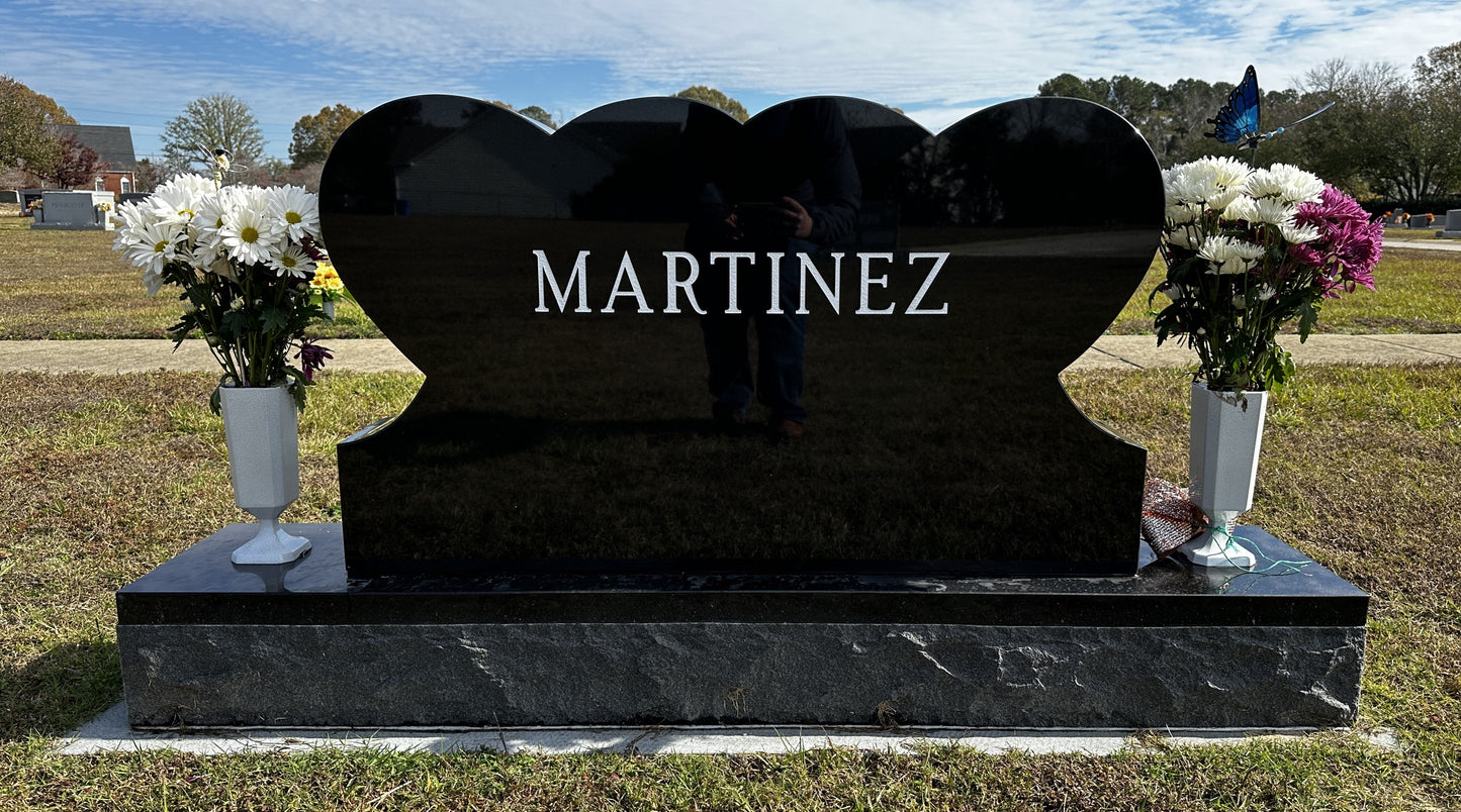 Black Granite Double Heart Companion Headstone