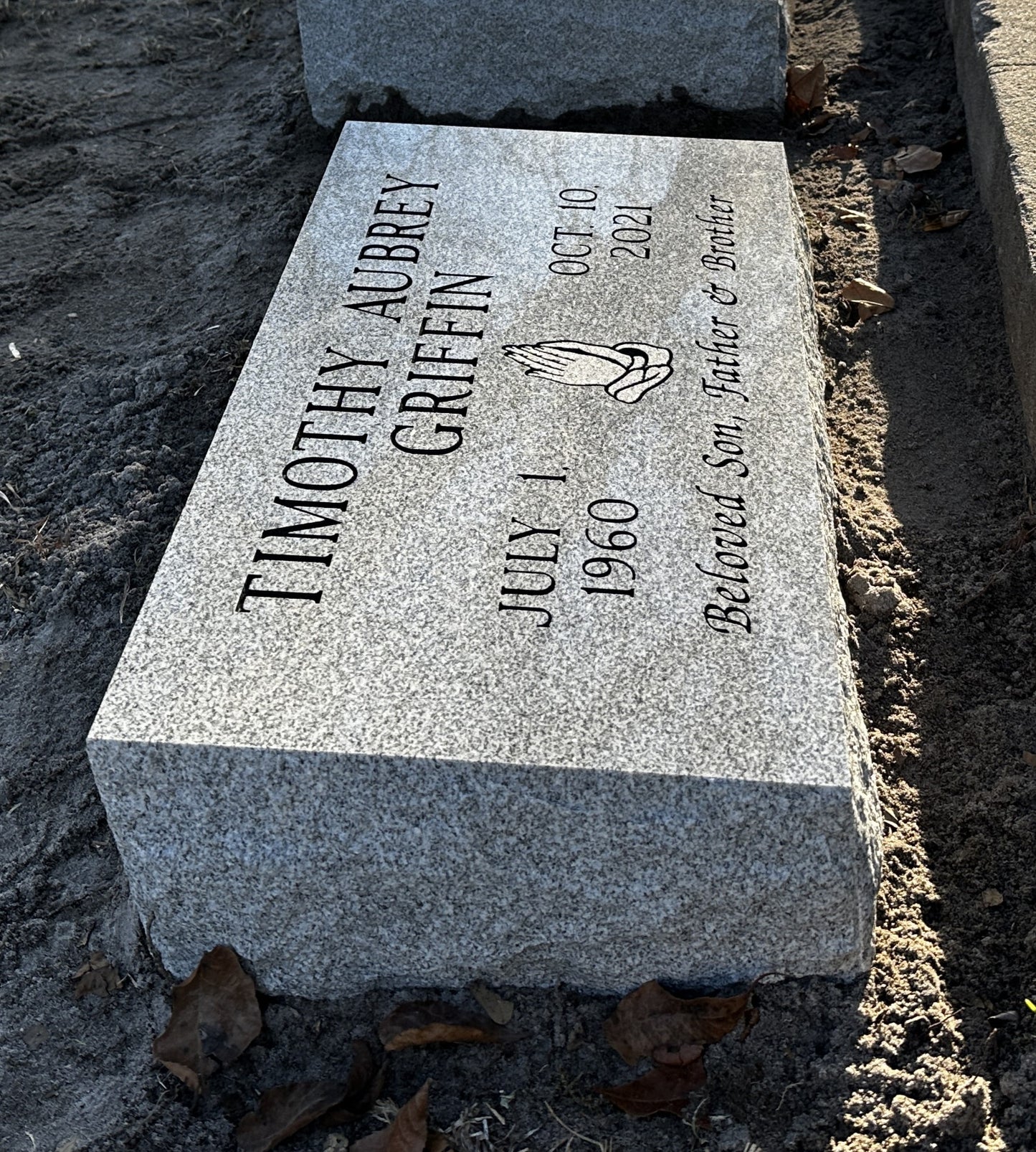 Gray Granite 24" x 12" x 8" Bevel Marker w/ Praying Hands Carving & Phrase