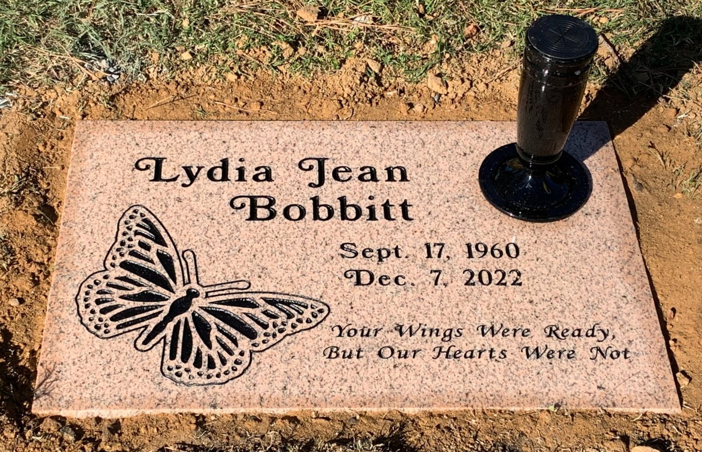 Pink Granite Individual Headstone w/ Butterfly Carving & Vase