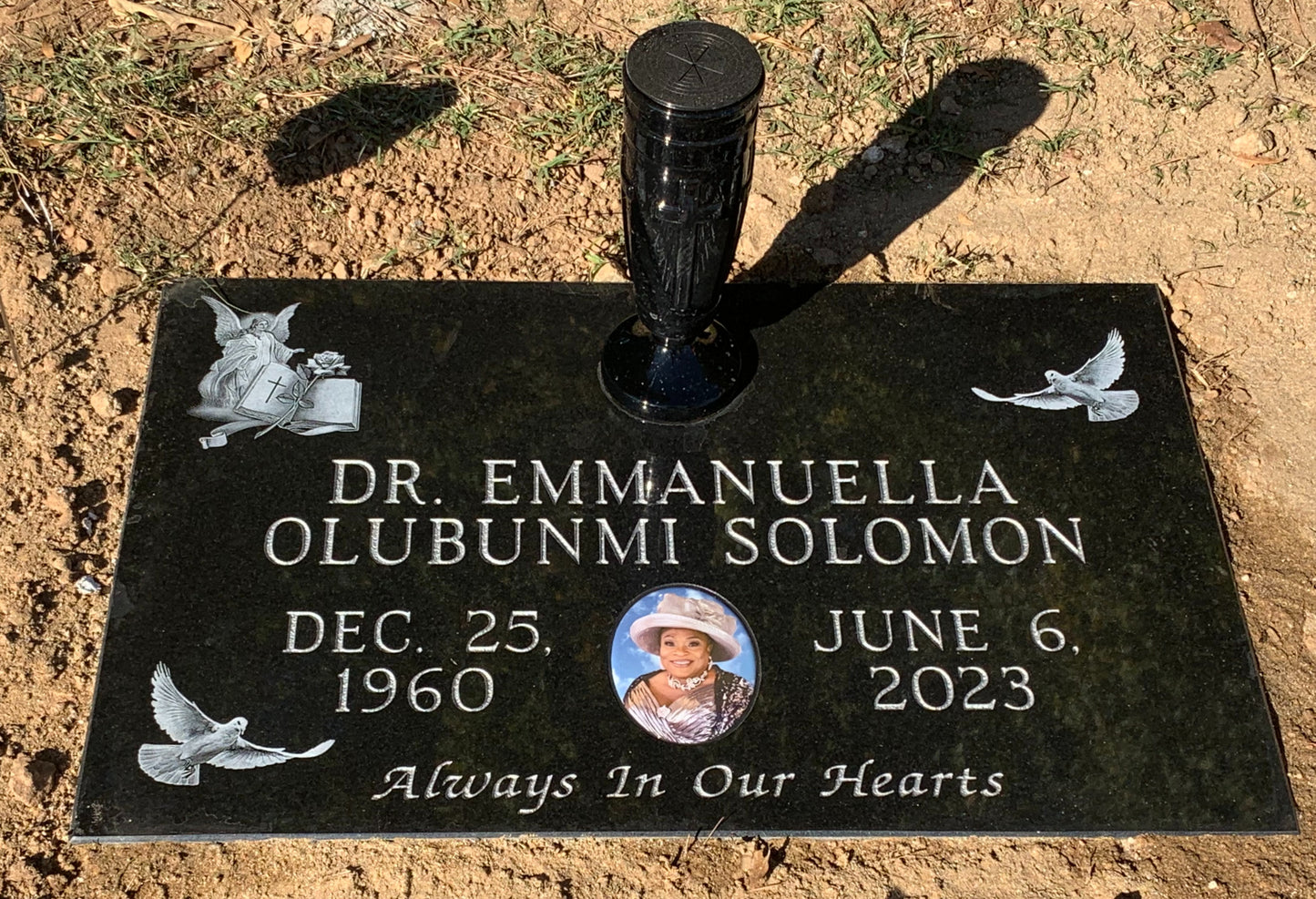 Black Granite Individual Flat Marker w/ Dove & Angel Etching, Portrait & Vase