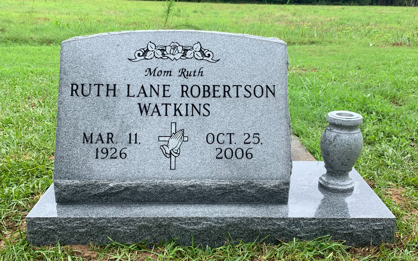 Individual Slant Marker w/ Rose Cross Praying Hands Carving, Granite Base & Flower Vase