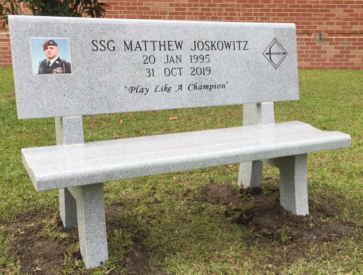 Gray Granite "Park Bench" w/ Carving & Porcelain Portrait