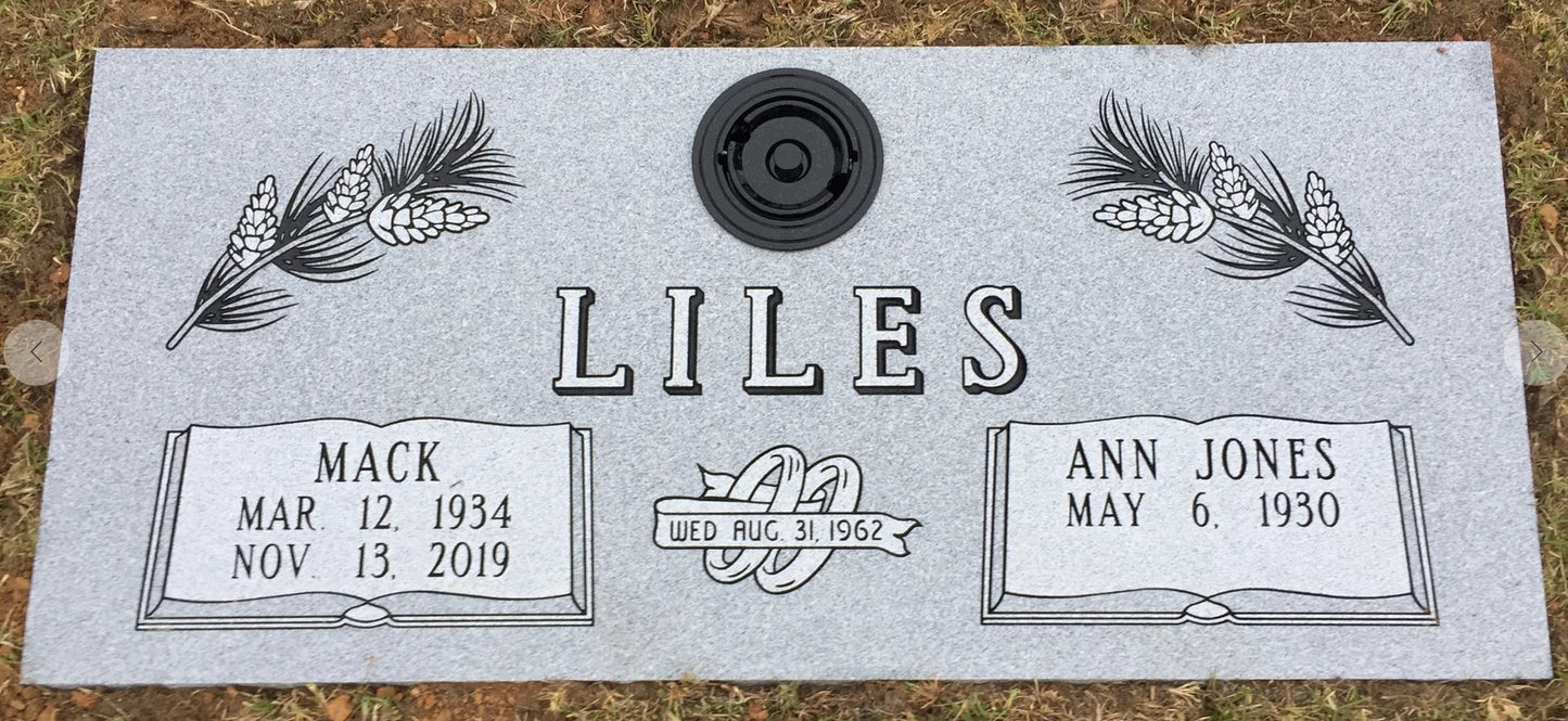 Companion Gray Granite Marker w/ Invertible Flower Vase, Pine, Book & Wedding Band Carving