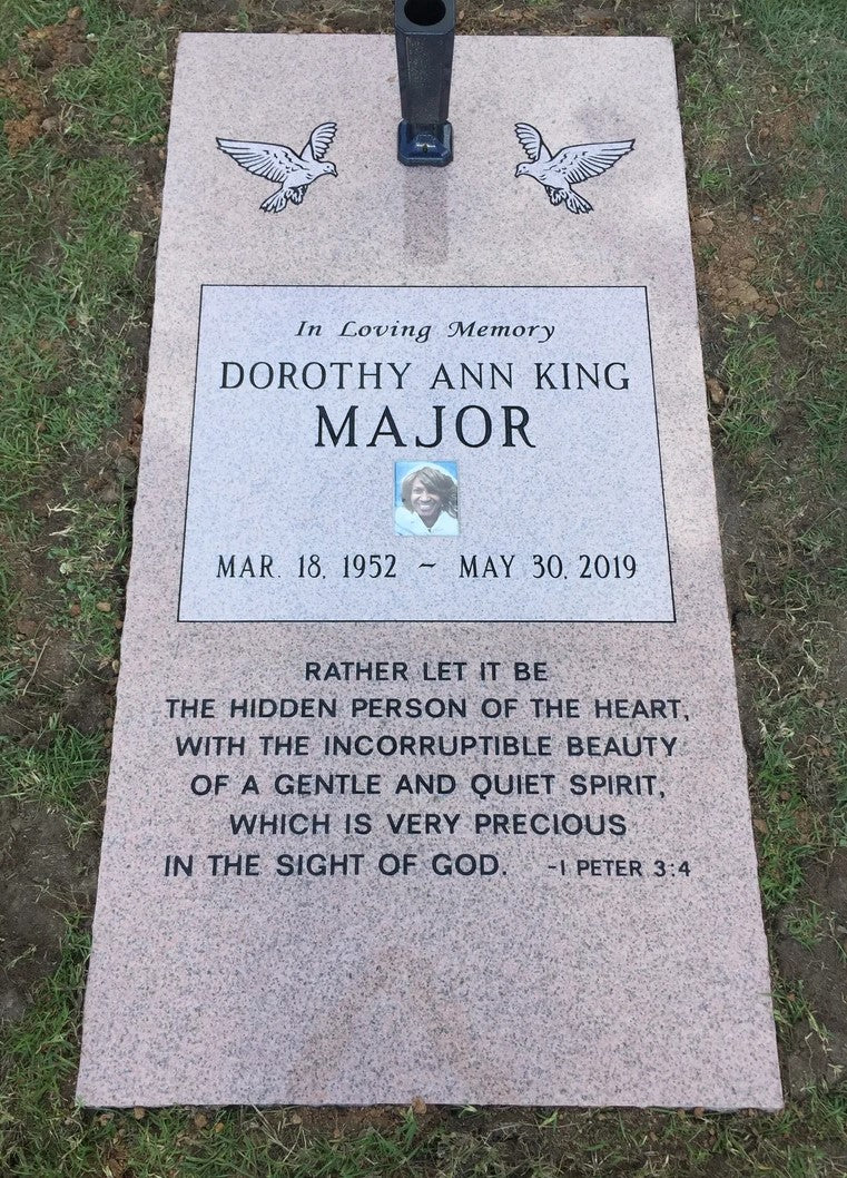 Individual Salisbury Pink Grave Ledger w/ Doves Carving, Verse, Picture, & Vase