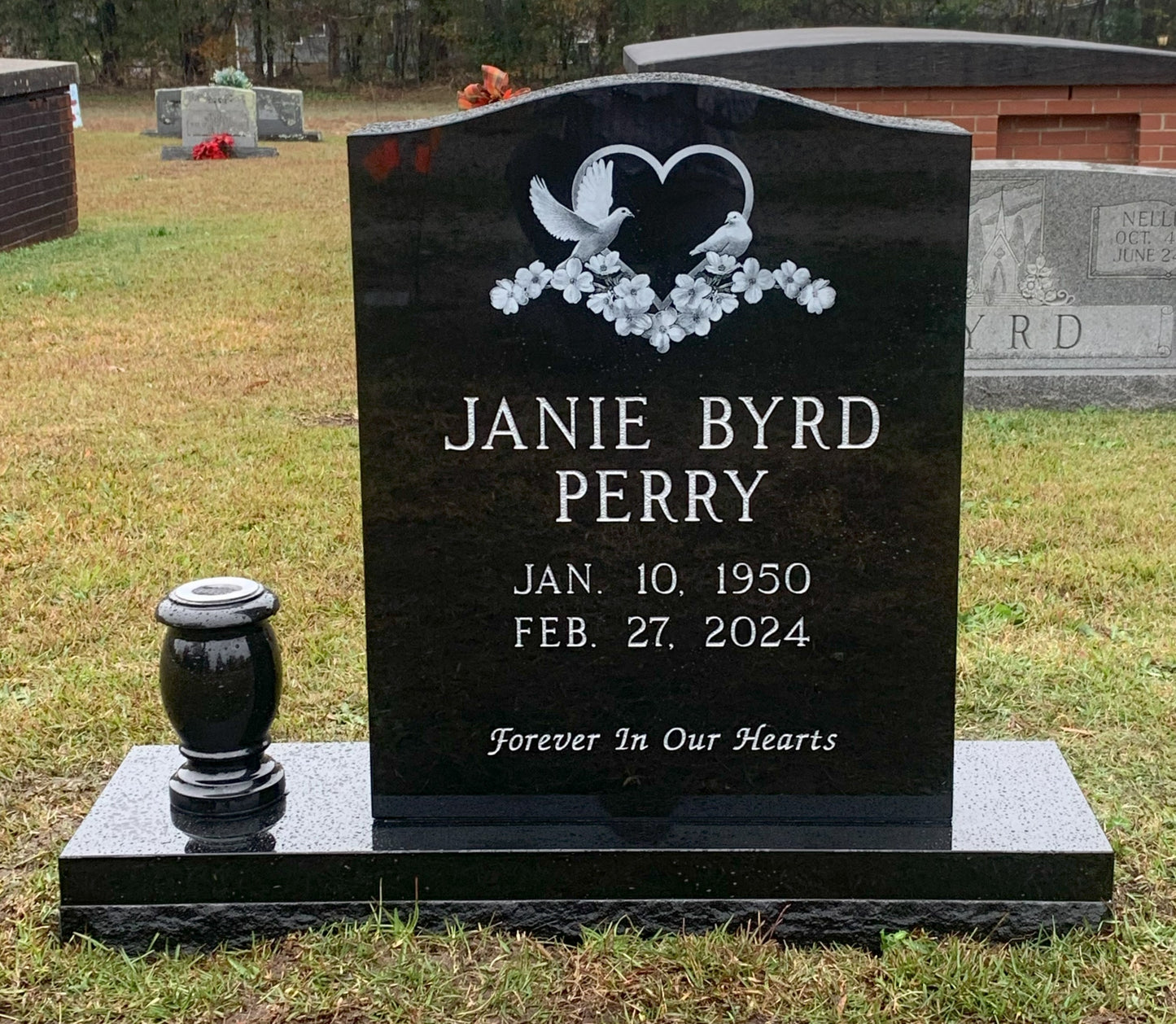 Individual Black Granite Headstone w/ Dove Heart Etching