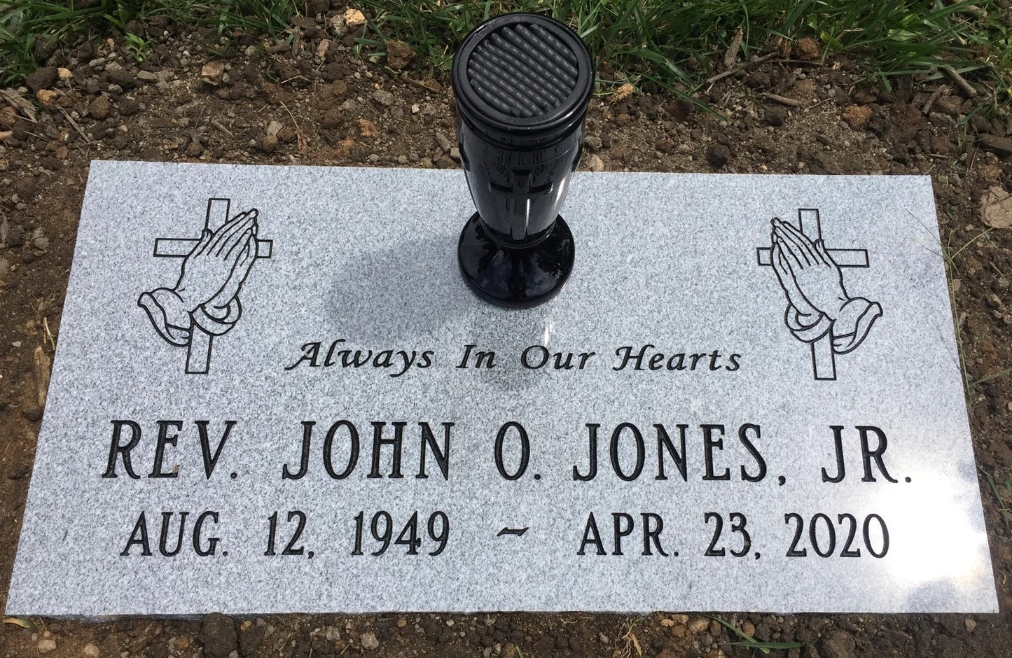 Gray Granite Flat Marker w/ Vase, Praying Hands & Cross Carving