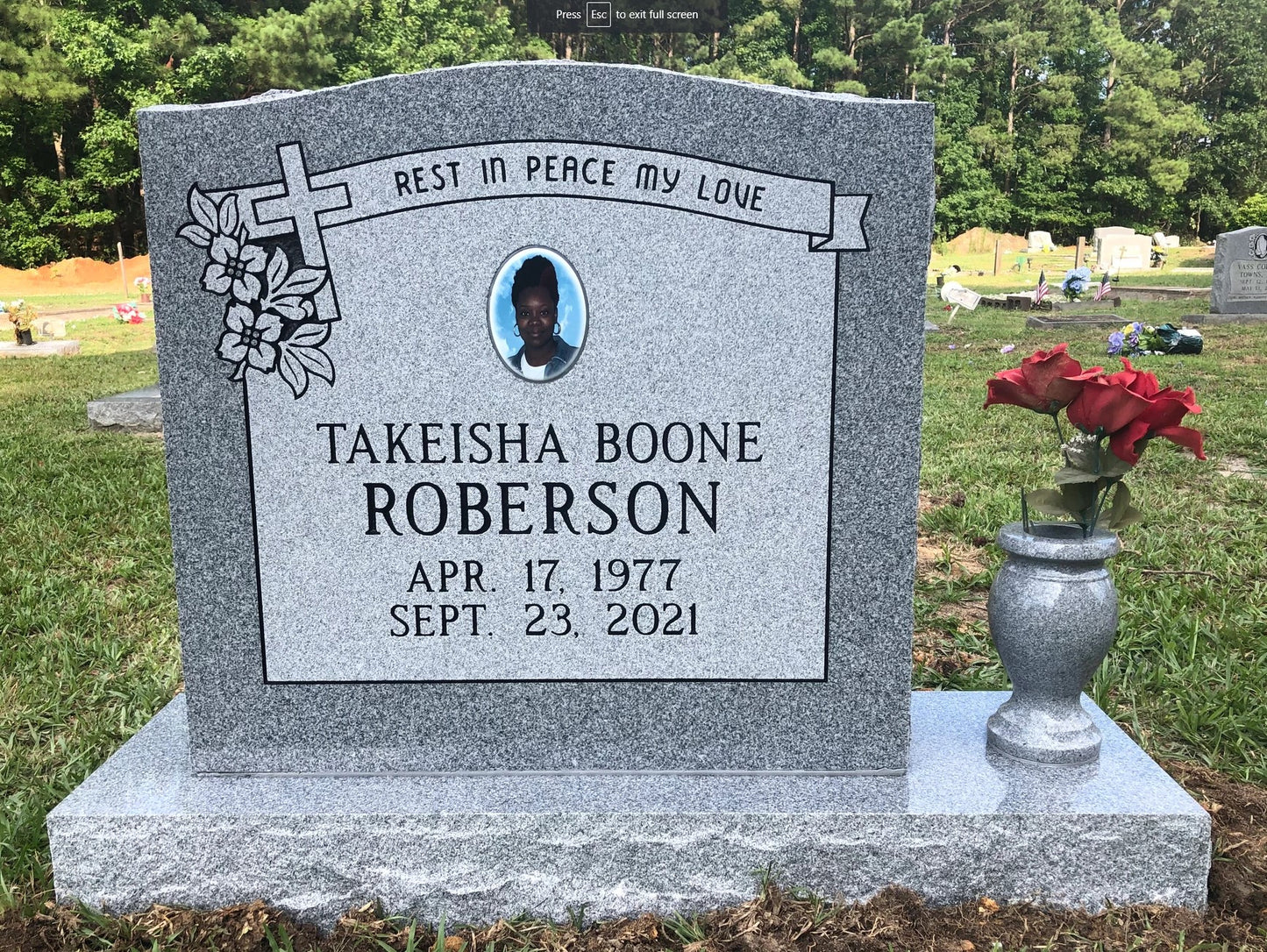 Gray Granite Upright Individual Headstone w/ Cross, Dogwood, & Banner