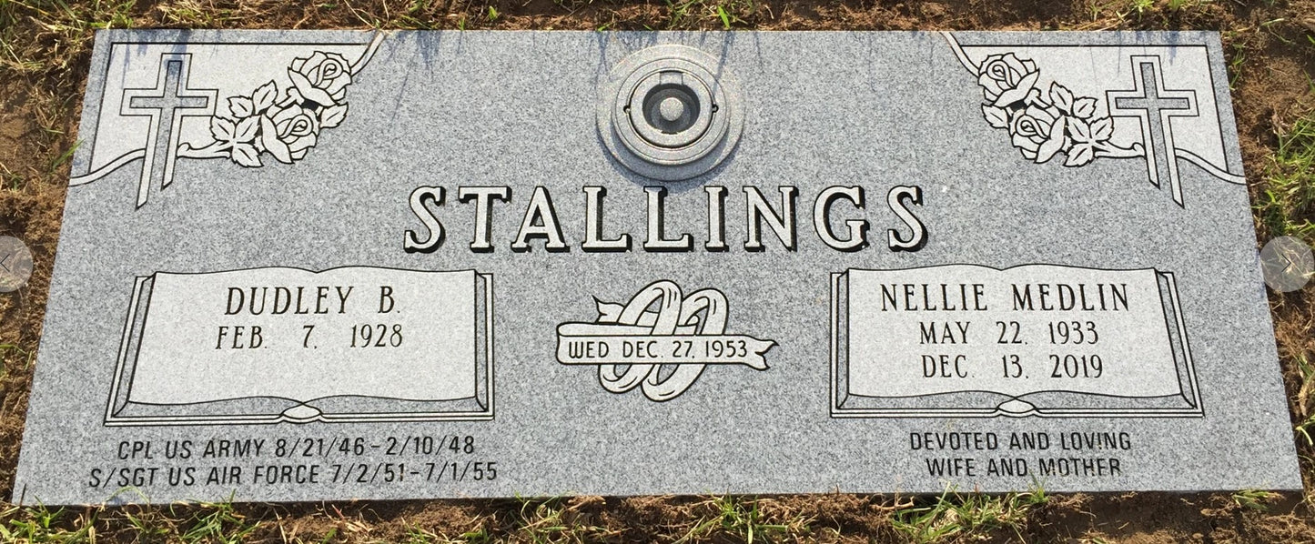 Companion Gray Granite Marker w/ Invertible Flower Vase, Book Cross Rose Wedding Band Carving