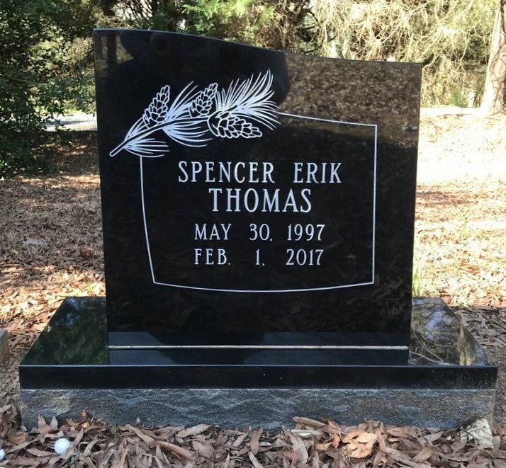 Individual Black Granite Upright Headstone Half Serpentine Top w/ Pine Carving