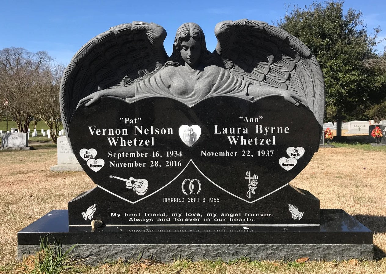 Upright Companion Headstone - Hand Carved Double Heart With Angel