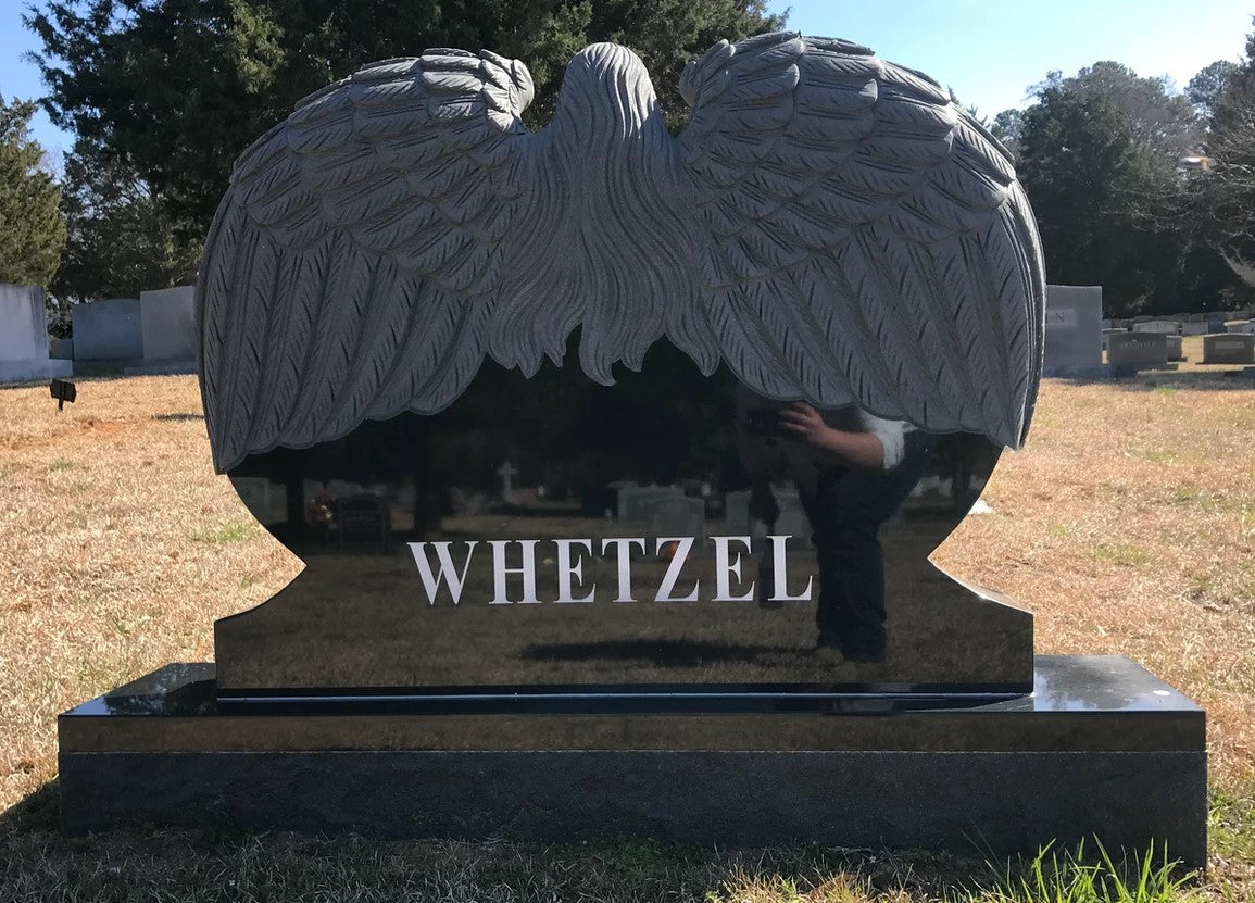 Upright Companion Headstone - Hand Carved Double Heart With Angel