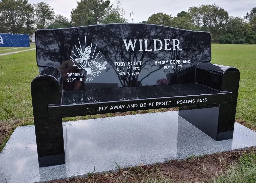 Black Granite Companion Couch Style Bench w/ Gray Granite Foundation / Morning Sun Dove Carving