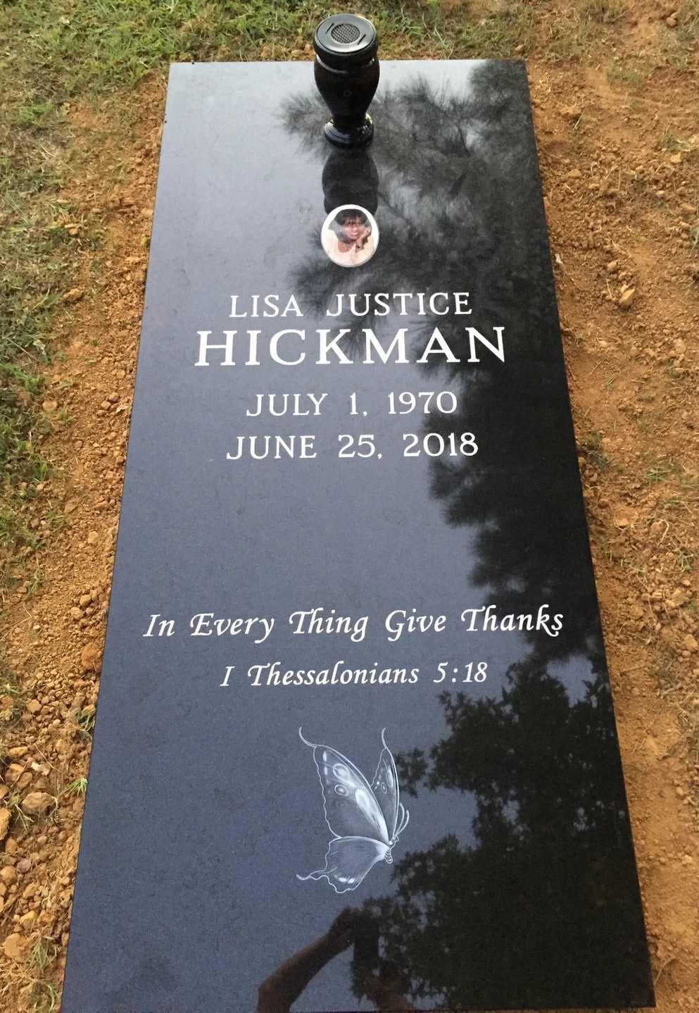 Individual Black Granite Grave Ledger w/ Etching, Porcelain Photo & Vase