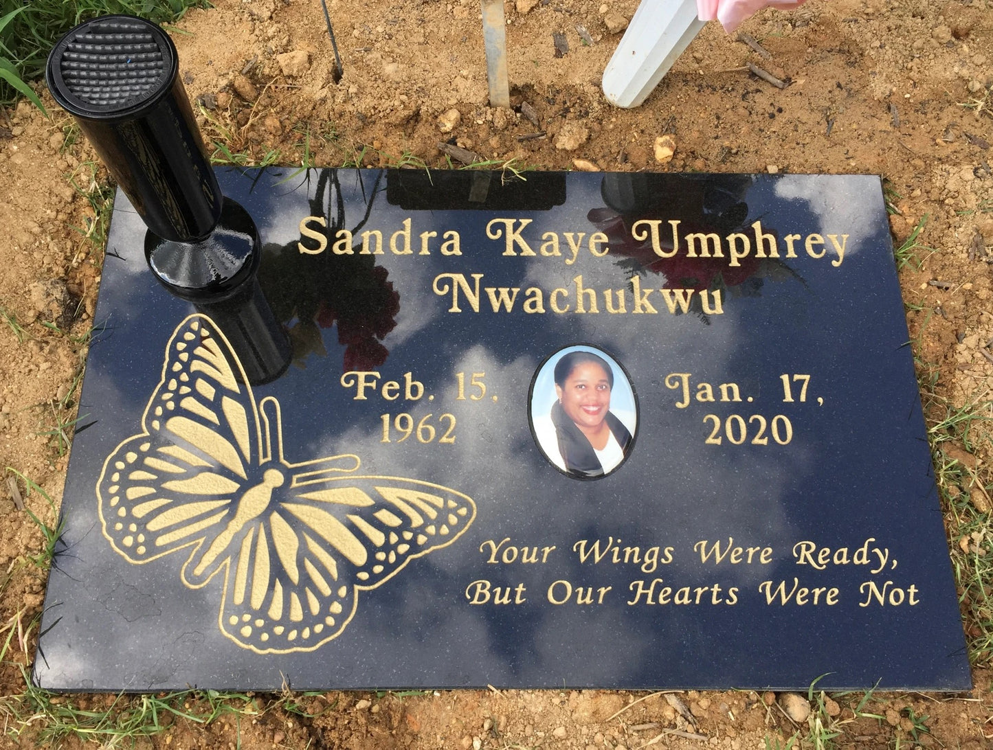 Individual Black Granite Flat Marker w/ Butterfly Carving, Photo, & Vase