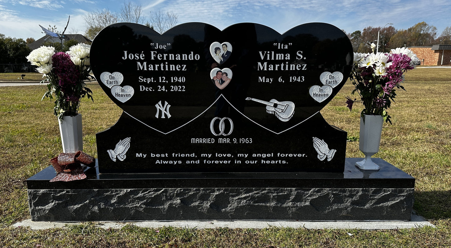 Black Granite Double Heart Companion Headstone