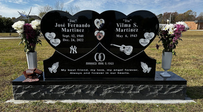 Black Granite Double Heart Companion Headstone
