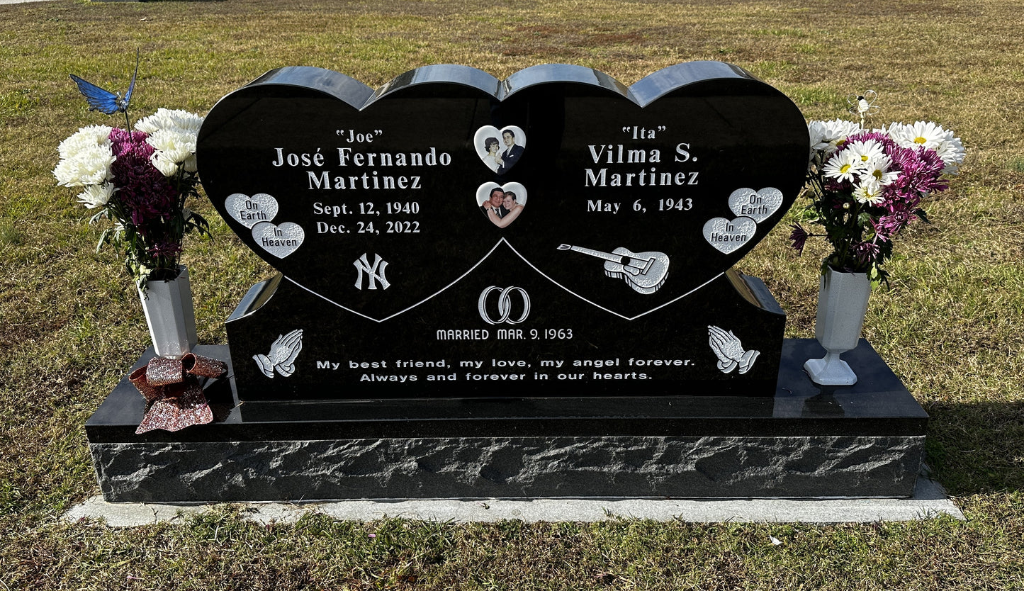 Black Granite Double Heart Companion Headstone
