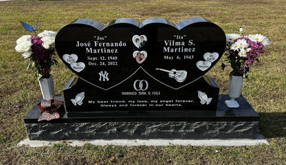 Black Granite Double Heart Companion Headstone