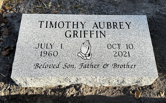 Gray Granite 24" x 12" x 8" Bevel Marker w/ Praying Hands Carving & Phrase