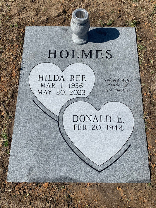 Single Grave Companion Flat Marker w/ Vase, Double Heart Panel Carving