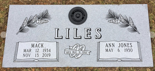 Companion Gray Granite Marker w/ Invertible Flower Vase, Pine, Book & Wedding Band Carving