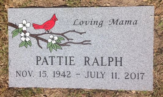 Individual Flat Headstone Marker Gray Granite 24" x 12" x 4" w/ Hand Painted Cardinal & Dogwood